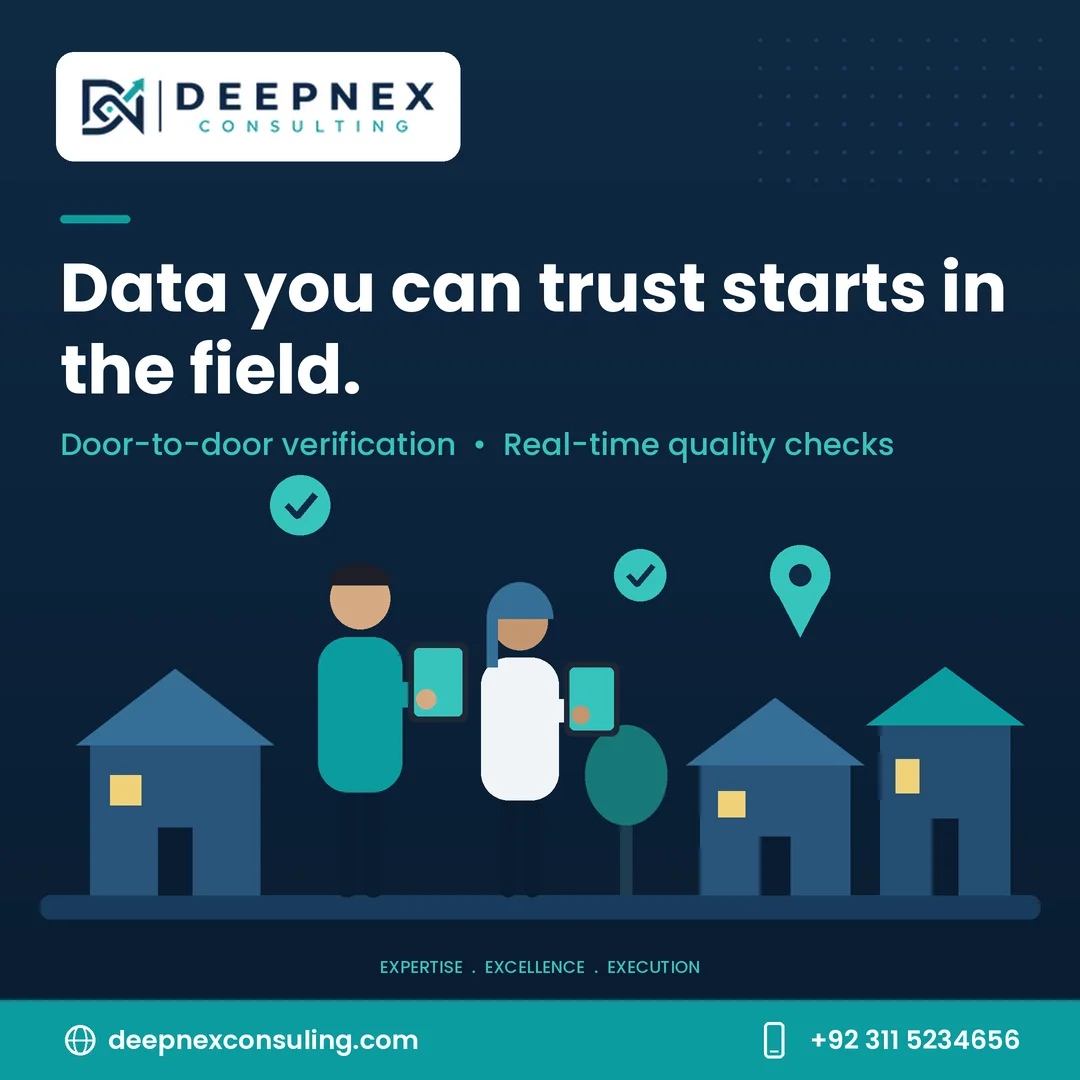 Illustration of DeepNex Consulting field monitors verifying data door to door in a village, with the headline "Data you can trust starts in the field"
